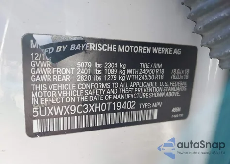 2017 BMW X3 xDrive28I z USA, uszkodzony, nr VIN 5UXWX9C3XH0T19402